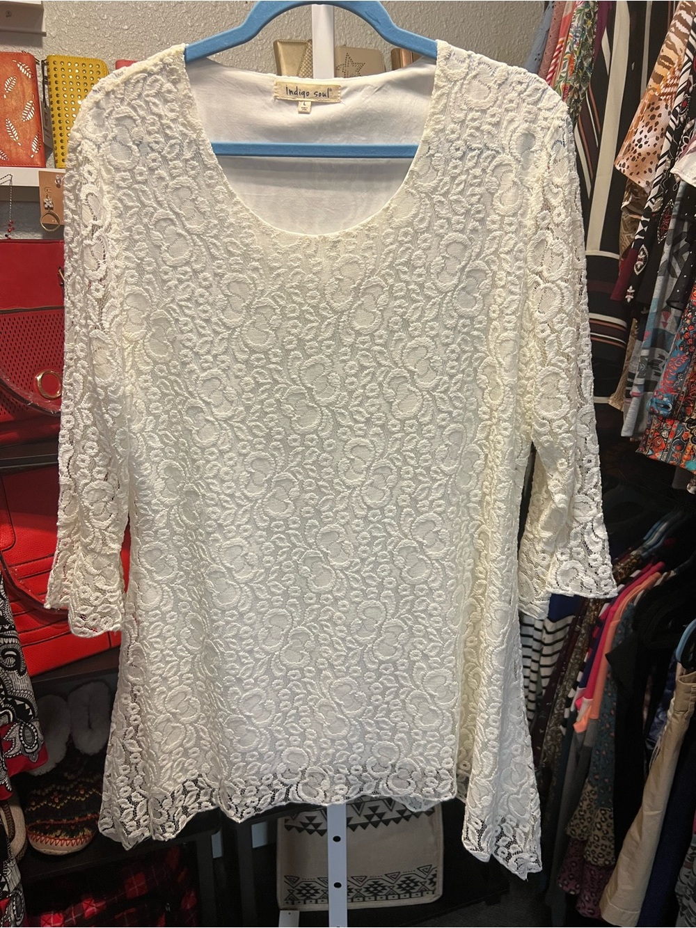indigo soul Cream Floral Lace Tunic Top